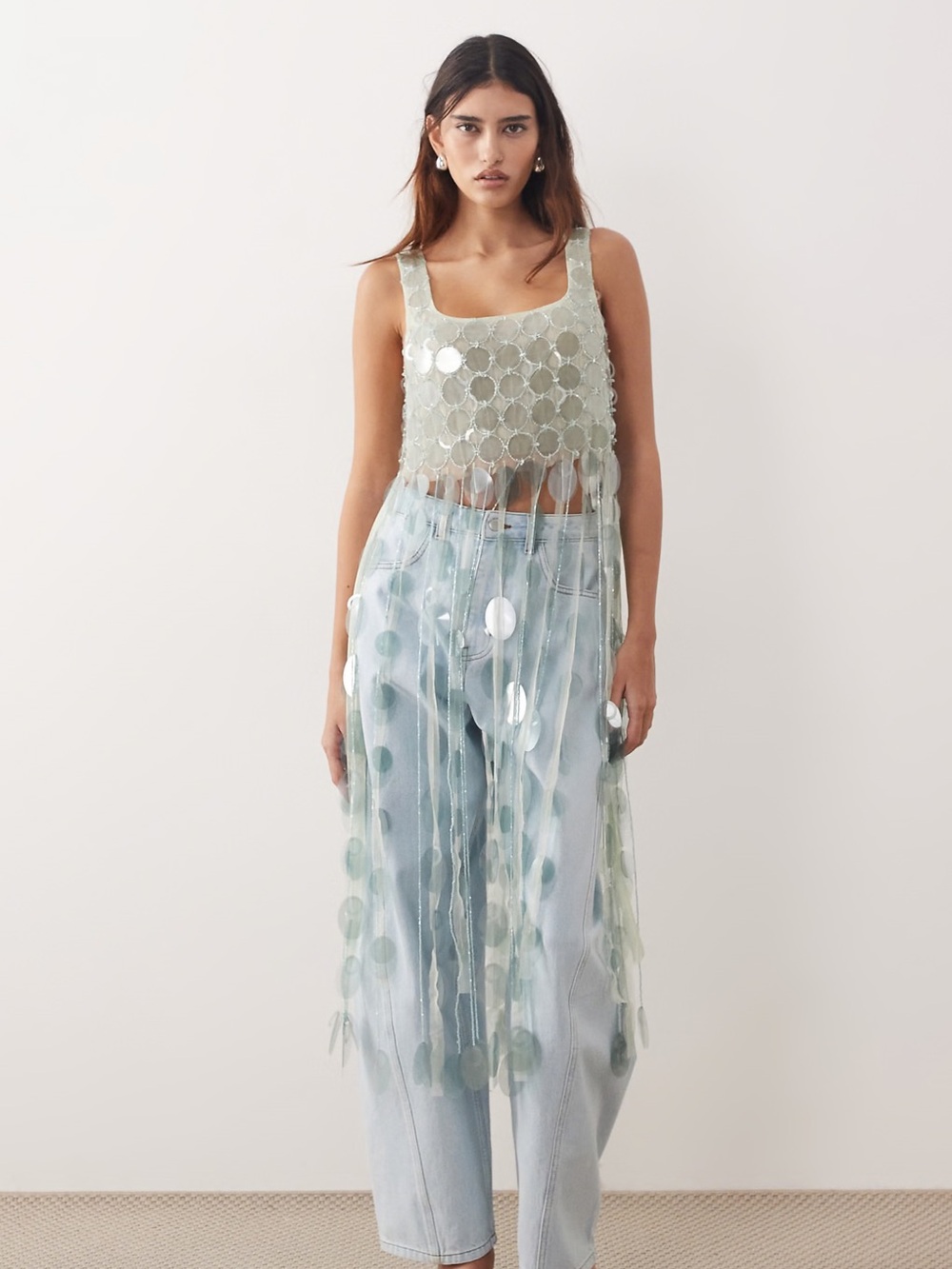 Sheer Sequin Fringe Tank Top - Sage Green